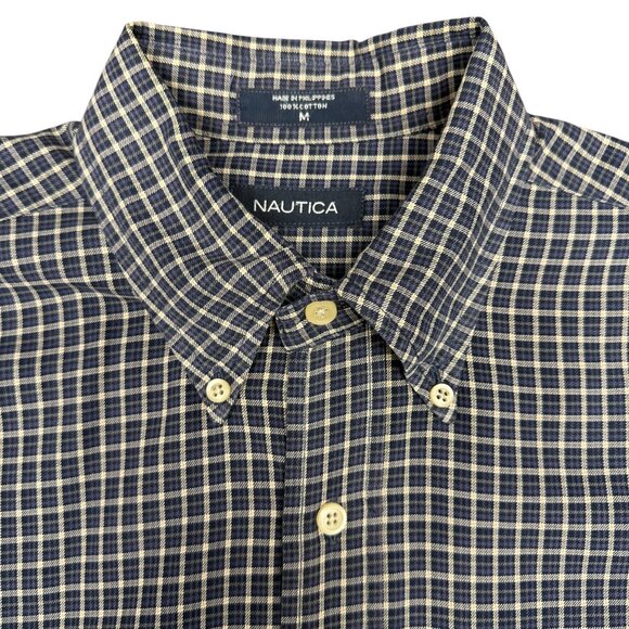 Men's NAUTICA Casual Button Down Shirt Blue Tan Plaid- Size Oversized‎ Medium - Picture 1 of 8
